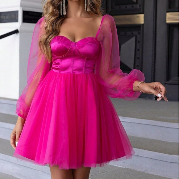 Dresses & Skirts - Hot Pink Elegant Women's Sweetheart Neck Lantern Sleeve Mesh Overlay Dress